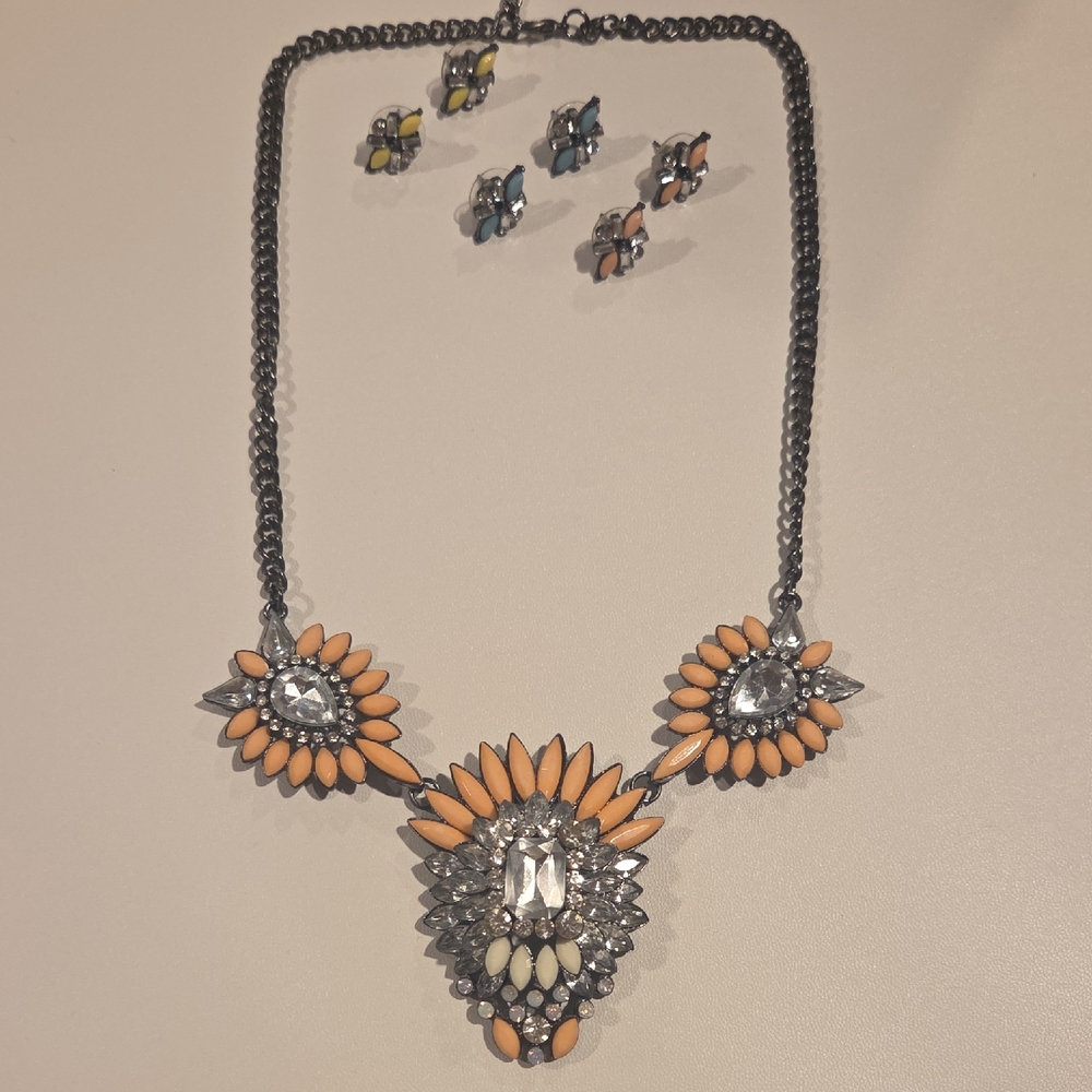 Statement Gunmetal and Pink Necklace Set with Earrings